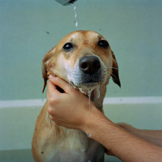 A wet dog being bathed in a grooming tub